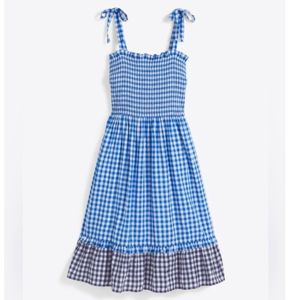 Draper James Midi Dress Smocked Gingham Ribbon Medium Blue White Cottage Preppy